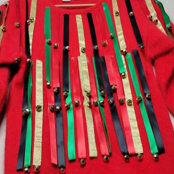 VTG Rafaella Angora Rabbit Wool Holiday Christmas Ribbon Jingle Bell Sweater✨️M - Picture 4 of 14